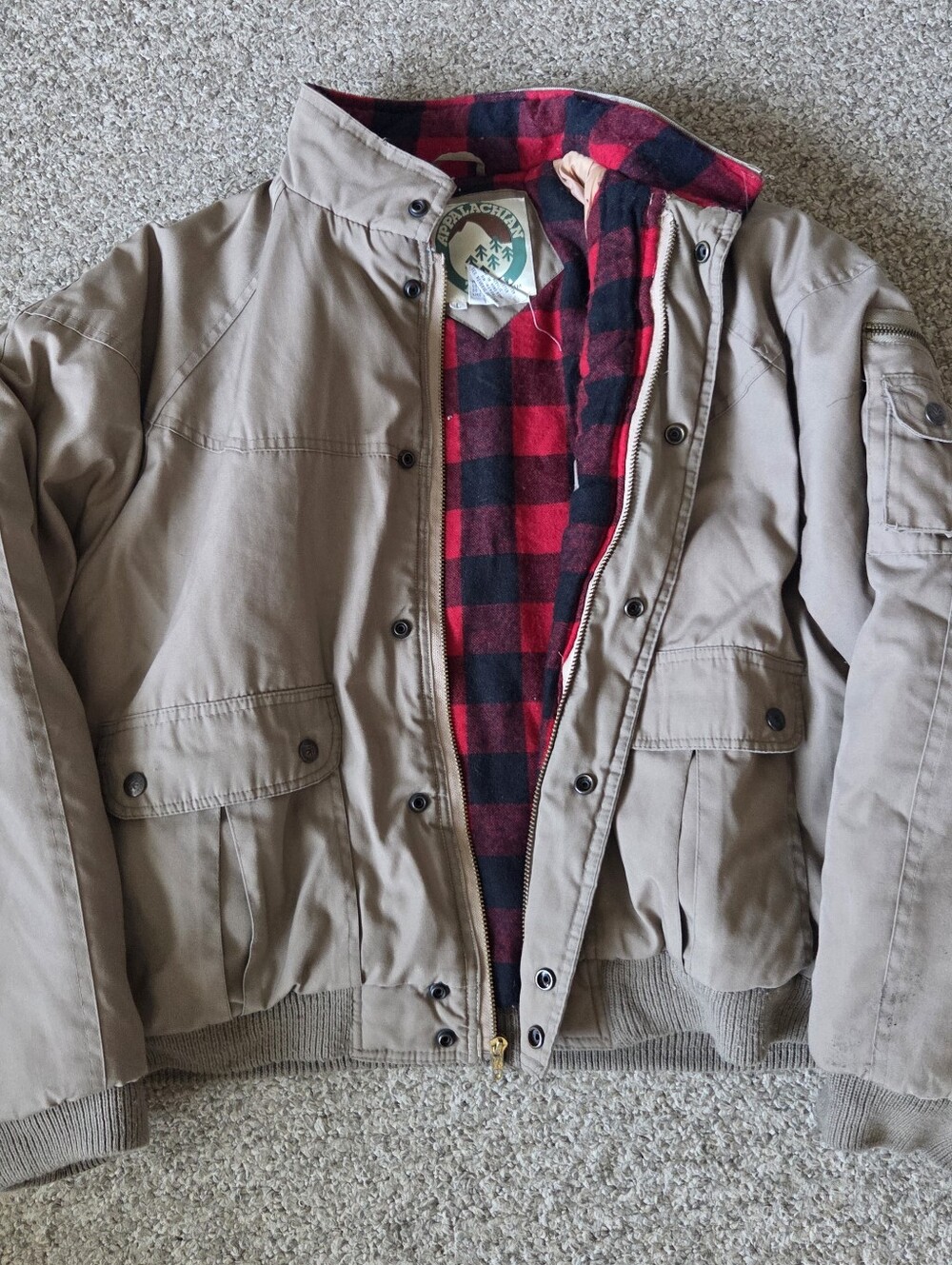 Vtg Appalachian Trail Tan Bomber Jacket Plaid Lining Full Zip Mens L 90s Utility